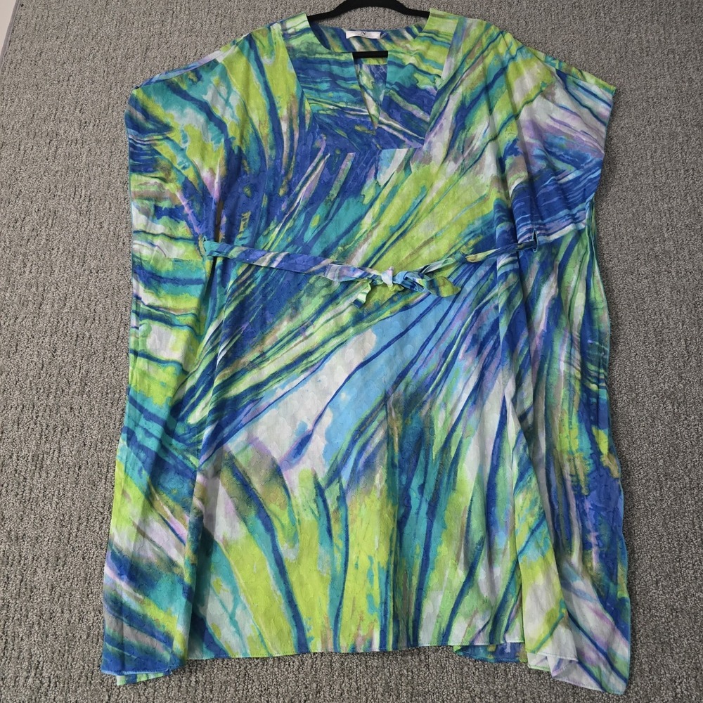 Natori Caftan Tunic L Blue Green Abstract Watercolor Belted Sheer Resort Boho